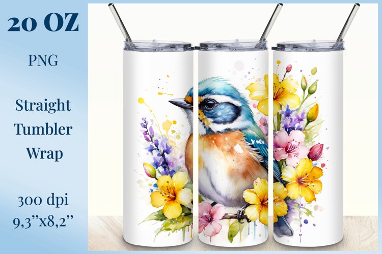 Sublimation Tumbler Wrap Watercolor Flowers and Bird, Png