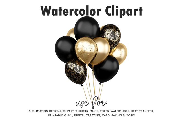 Black & Gold Glitter Balloon Clipart | Party Balloon Bundle
