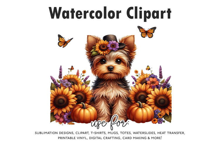 Watercolor Fall Yorkie Clipart | Sunflower & Pumpkin Dog PNG