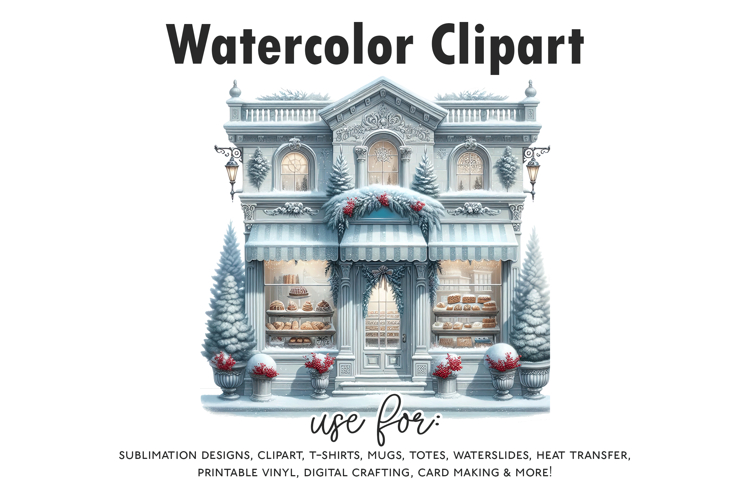 Winter Bakery Storefront Clipart | Watercolor Snowy Bakery