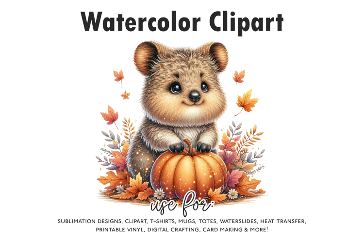 Watercolor Quokka Autumn Clipart | Cute Fall Animal PNG
