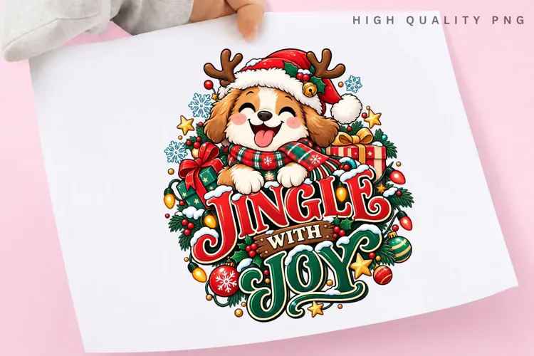 Jingle with Joy Cute Puppy Christmas Holiday Illustration