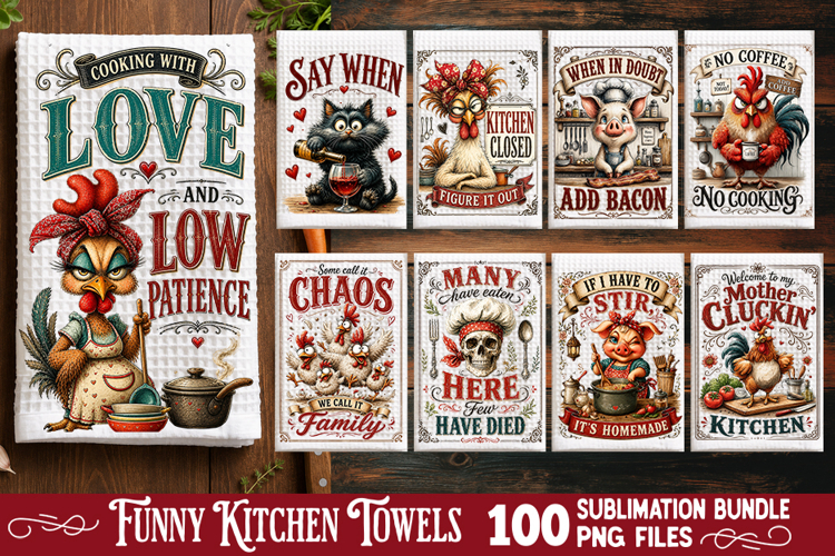 Funny Kitchen Towel Sublimation PNG Bundle 100 Designs example image 1