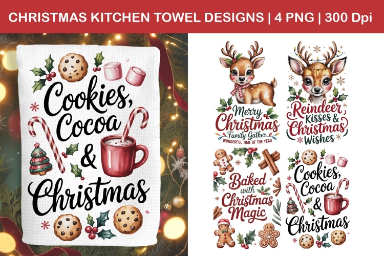 Christmas Cocoa and Reindeer Kitchen Towel Designs PNG