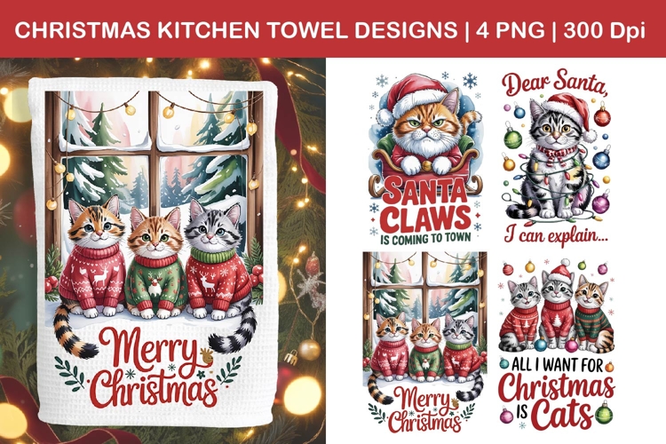 Christmas Cat Kitchen Towel Designs | Holiday Cat PNG Art