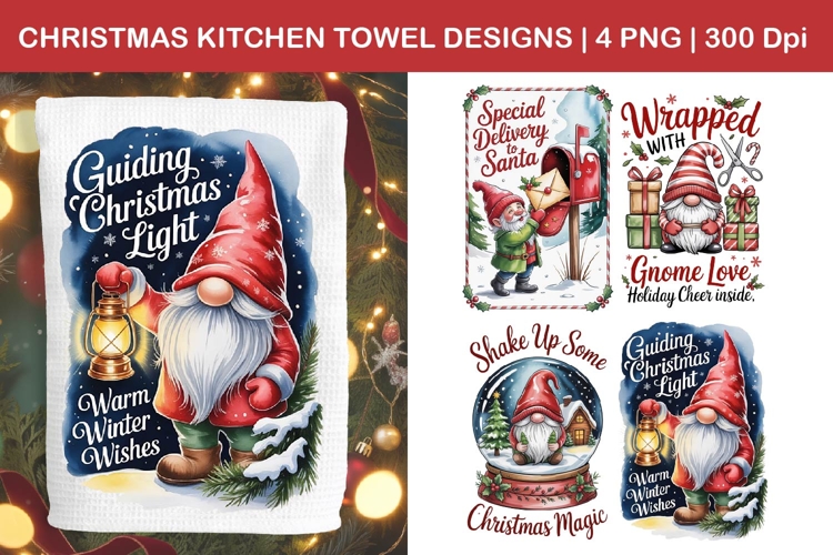 Christmas Gnome Kitchen Towel Designs |Retro PNG Sublimation