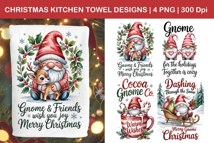 Christmas Gnome Kitchen Towel Designs | Holiday Gnome PNG