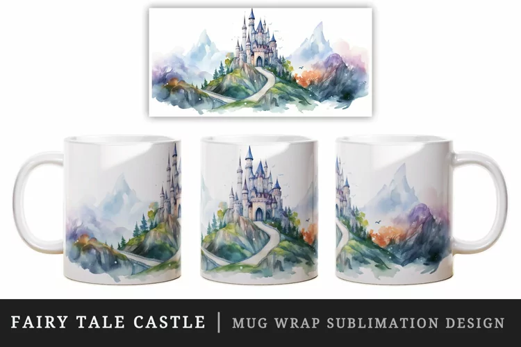 Fairy tale castle mug, cup wrap sublimation design png