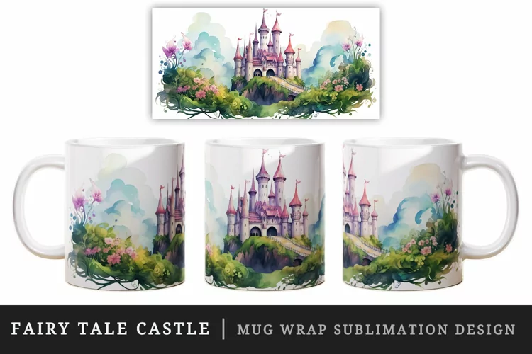 Fairy tale castle mug, cup wrap sublimation design png