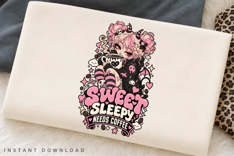 Sweet Sleepy Needs Coffee PNG, Cute Pink Demon Girl Coffee