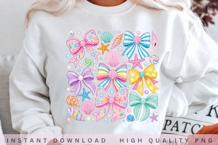 Coquette Seashell Bow PNG Bundle, Pastel Beach Bow Sublimati example image 1