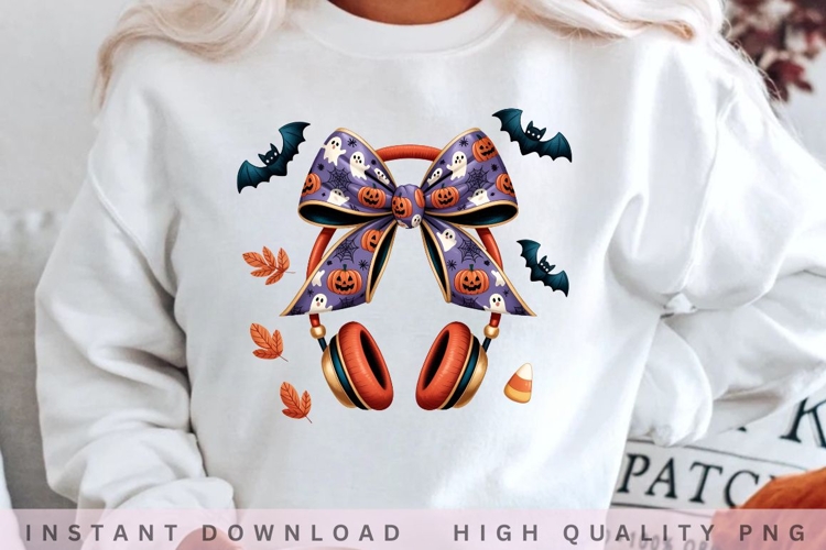 Halloween Bow Headphones PNG, Spooky Ghost Pumpkin Headset