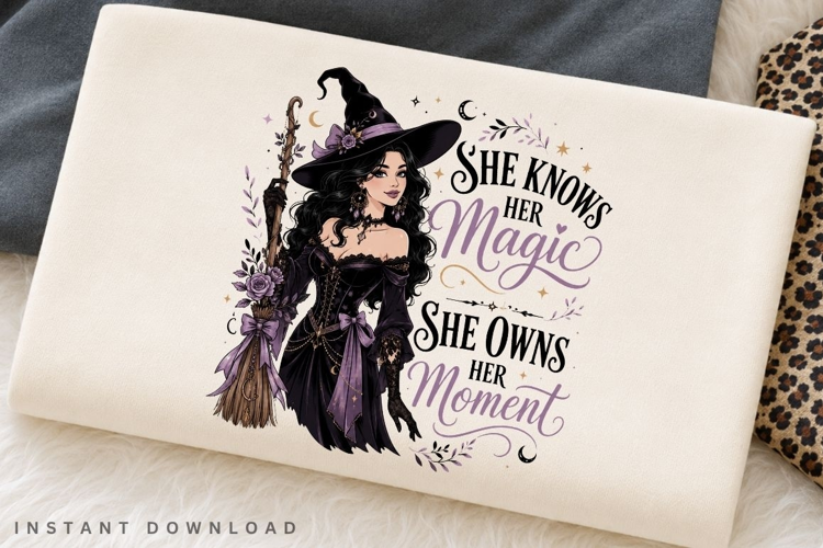 She Knows Her Magic PNG Sublimation Design, Elegant Witch