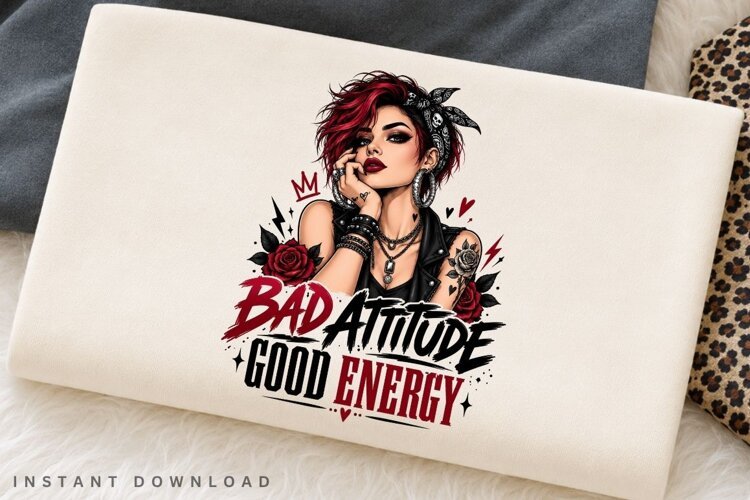 Bad Attitude Good Energy PNG Sublimation Design, Red Hair example image 1