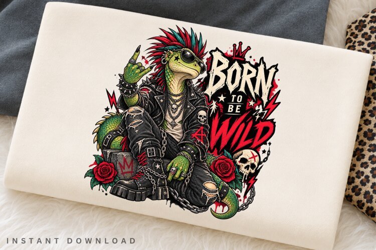 Punk Rock Lizard Born to Be Wild Edgy Reptile Skull Rose PNG example image 1