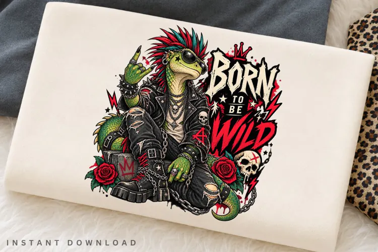 Punk Rock Lizard Born to Be Wild Edgy Reptile Skull Rose PNG