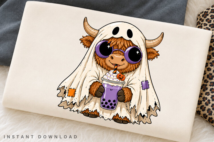 Ghost Highland Cow PNG Sublimation Design, Spooky Cow Boba example image 1