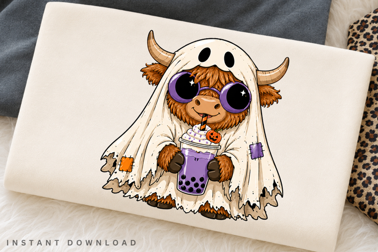 Ghost Highland Cow PNG Sublimation Design, Spooky Cow Boba