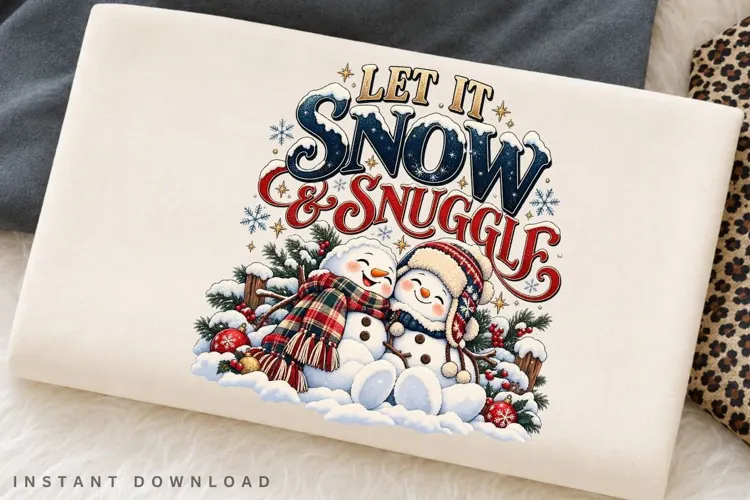 Let It Snow and Snuggle Cute Snowman Couple Winter Christmas