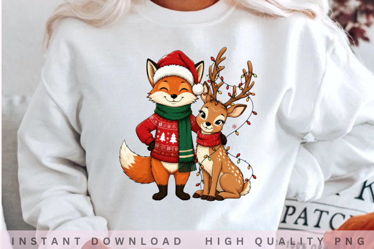 Cute Christmas Fox and Reindeer PNG Design