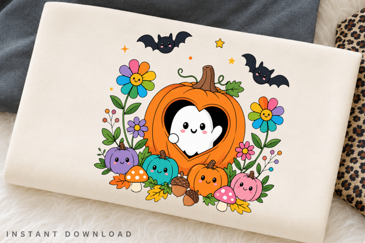 Cute Ghost In Heart Pumpkin PNG, Colorful Fall Halloween