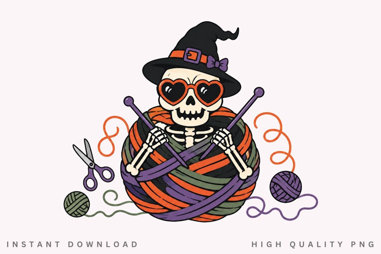 Knitting Skeleton With Heart Sunglasses PNG Sublimation