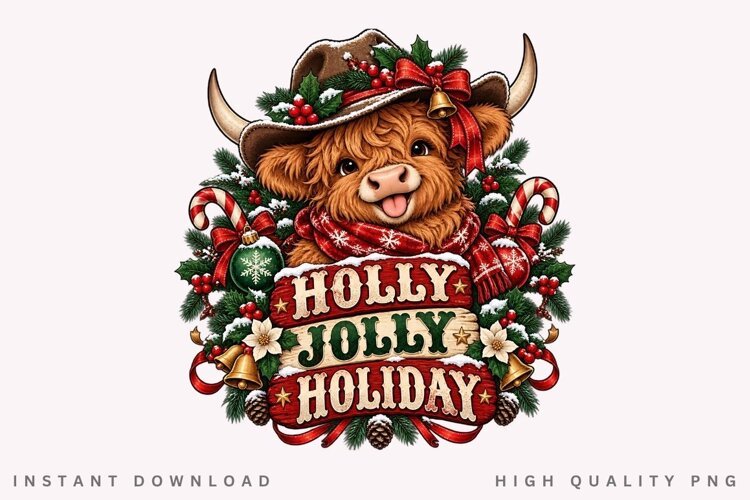Cute Highland Cow Holly Jolly Holiday Christmas Winter PNG example image 1