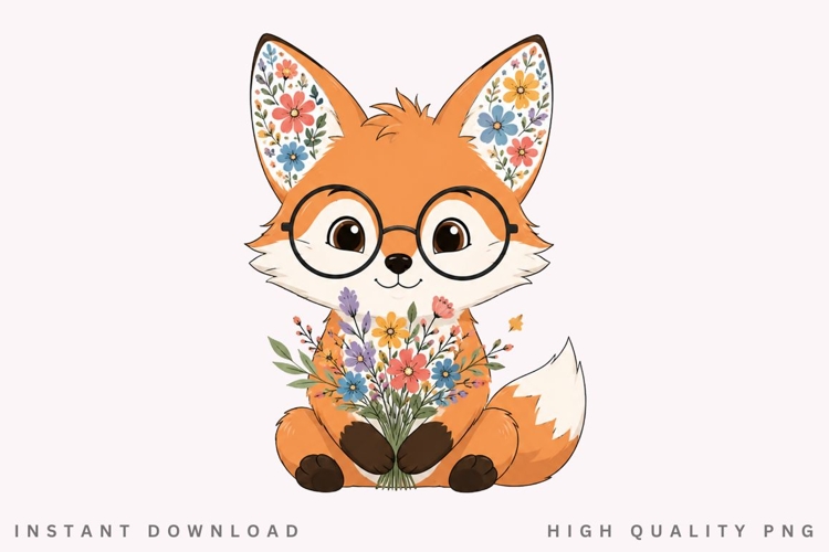 Cute Fox with Glasses PNG Sublimation Design, Wildflower