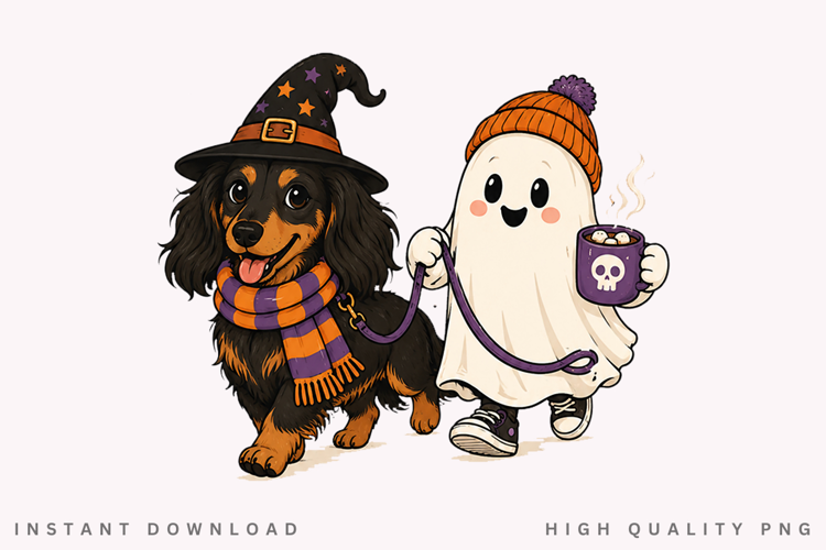 Halloween Dachshund PNG Sublimation Design, Ghost Walking
