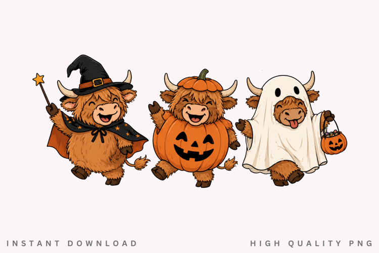 Halloween Highland Cow Trio PNG Sublimation Design