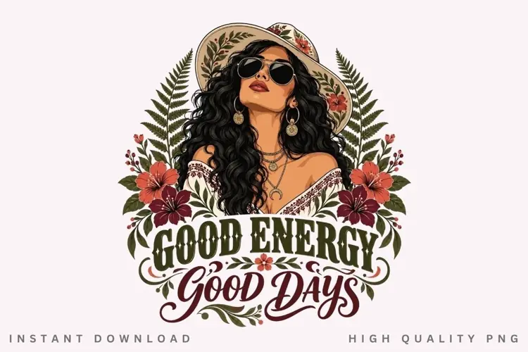 Good Energy Good Days PNG Sublimation Design, Boho Girl Sun