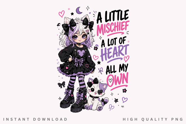 Pastel Goth Anime Cat Girl PNG Sublimation Design