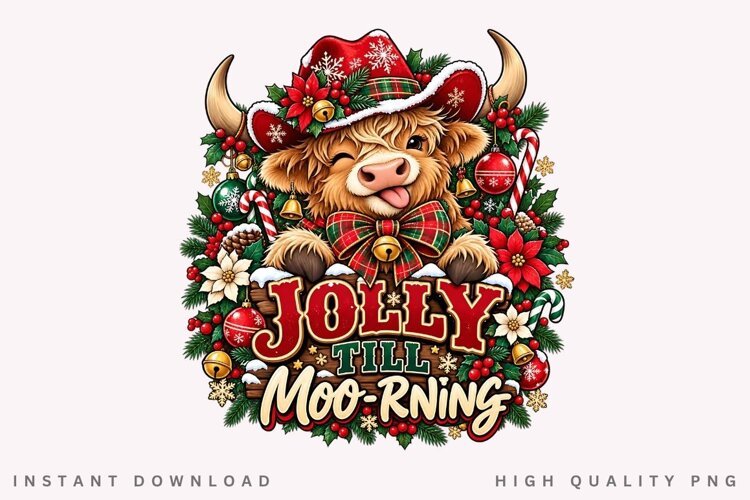 Cute Highland Cow Jolly Till Moorning Christmas Winter example image 1