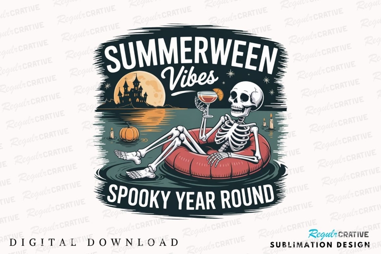 Summerween Skeleton Relaxing with Cocktail Sublimation PNG