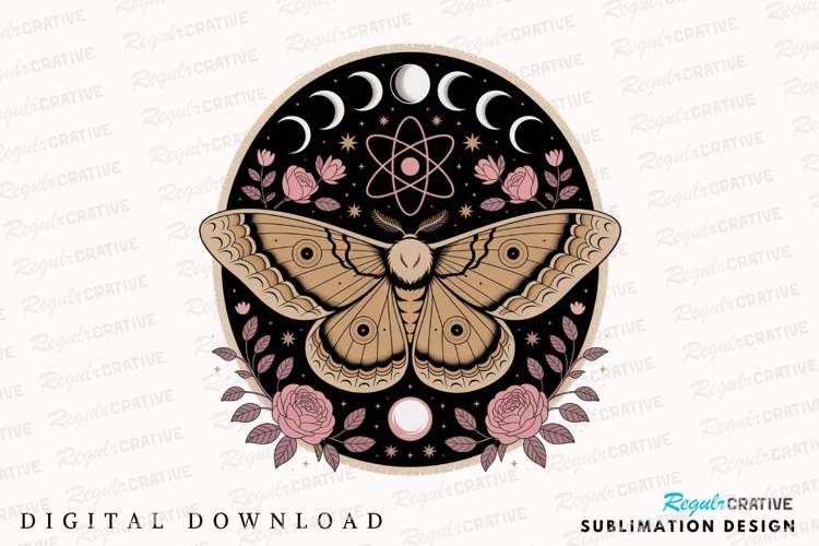 Moth Illustration with Moon Phases Roses and Sublimation PNG