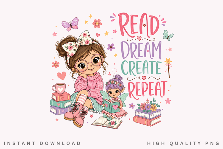 Read Dream Create Repeat PNG Sublimation Design, Cute Girl