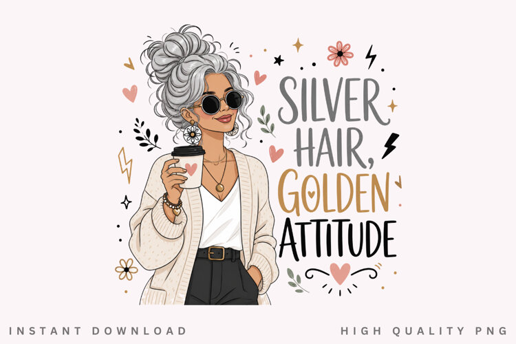 Silver Hair Golden Attitude PNG Sublimation Design example image 1