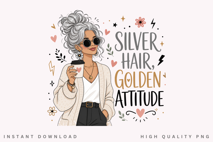 Silver Hair Golden Attitude PNG Sublimation Design