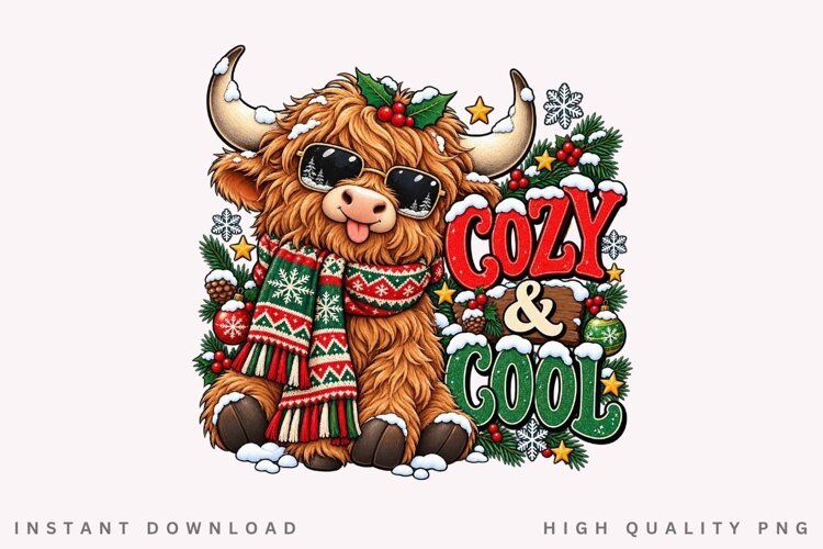 Cute Highland Cow Cozy Winter Christmas Holiday PNG Design example image 1