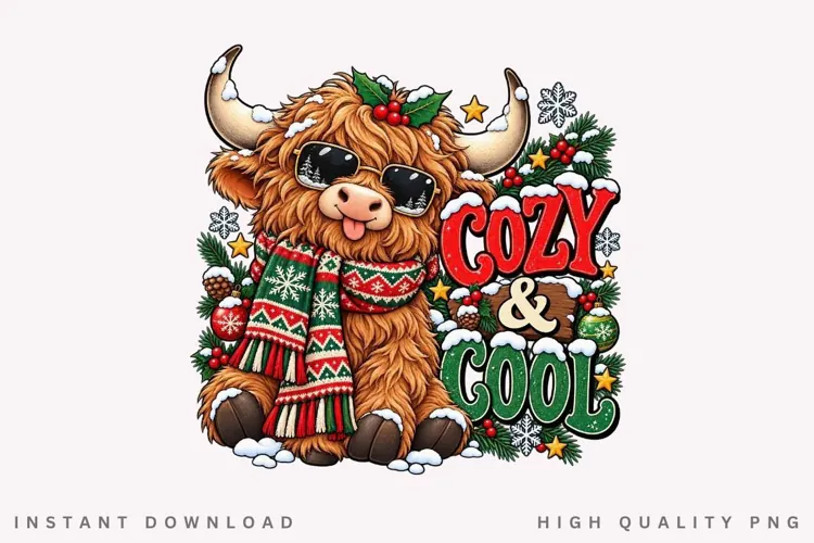 Cute Highland Cow Cozy Winter Christmas Holiday PNG Design