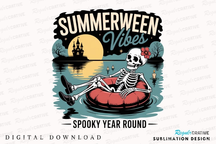 Summerween Vibes Skeleton Relaxing on Sublimation PNG