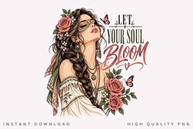 Let Your Soul Bloom PNG Sublimation Design, Boho Braided