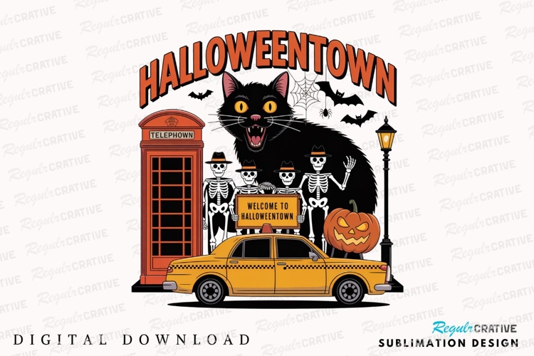 Halloween Illustration with Black Cat Sublimation PNG