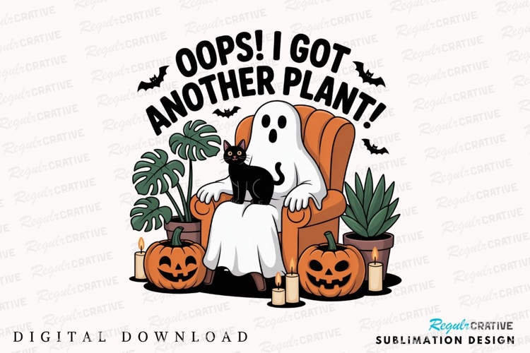 Halloween Ghost with Black Cat and Plants in Sublimation PNG