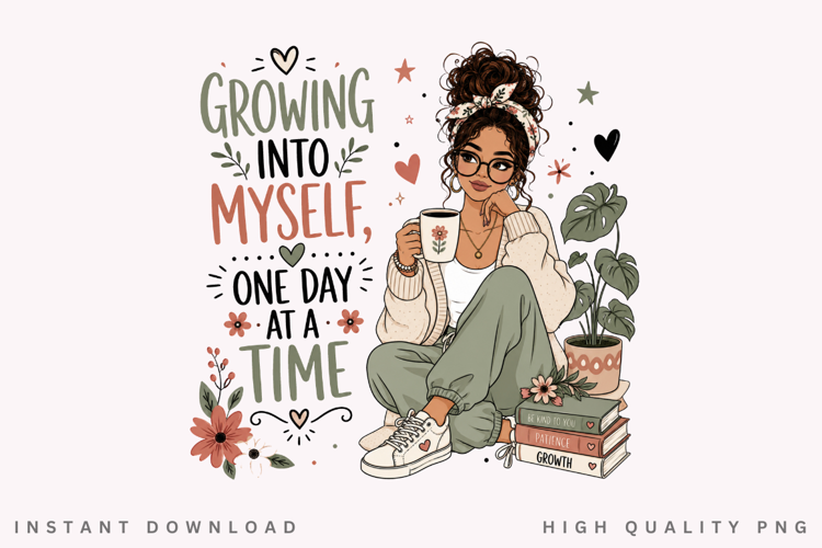 Growing Into Myself PNG Sublimation Design, Cozy Messy Bun
