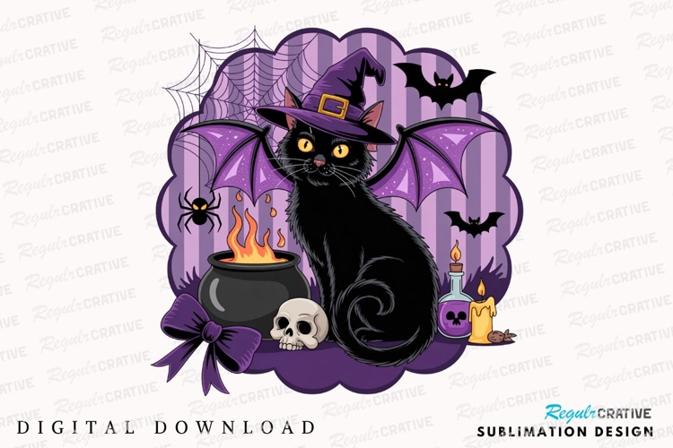 Halloween Black Cat Witch with Bat Wings Sublimation PNG