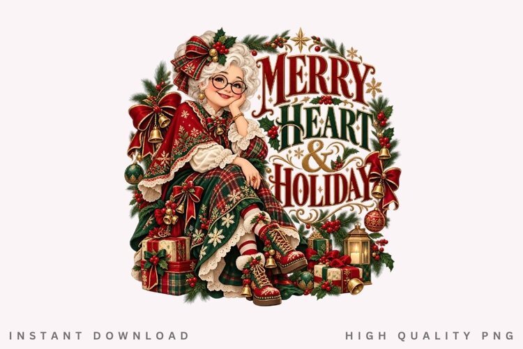 Merry Heart Holiday Vintage Christmas Woman Festive PNG example image 1