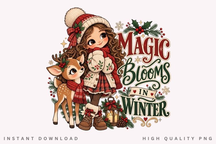 Magical Winter Girl and Cute Reindeer Holiday Christmas example image 1