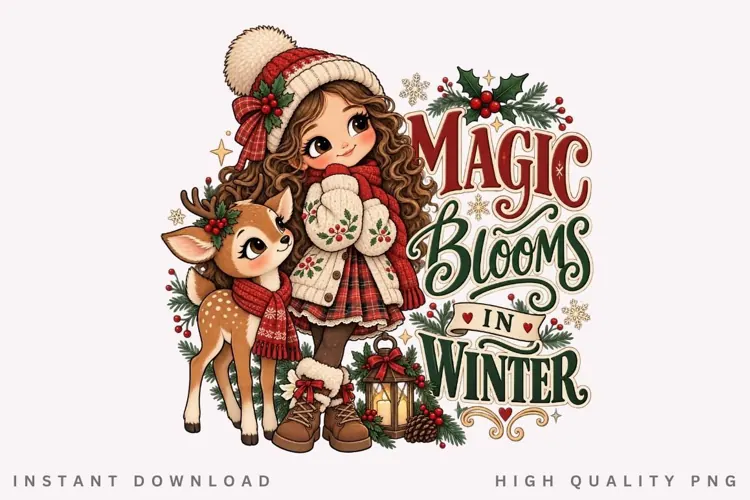 Magical Winter Girl and Cute Reindeer Holiday Christmas