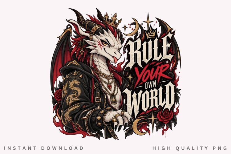 Regal Dark Dragon with Crown, Horns, Red Wings, Roses and example image 1
